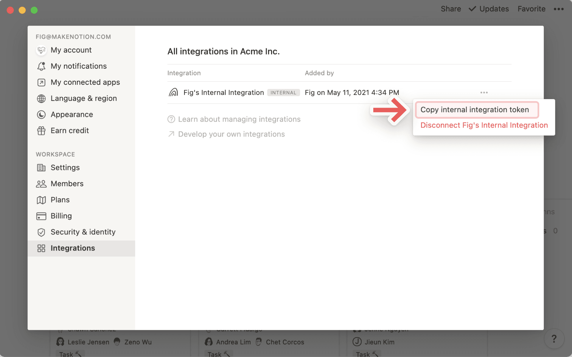 Add & manage integrations - internal integration token