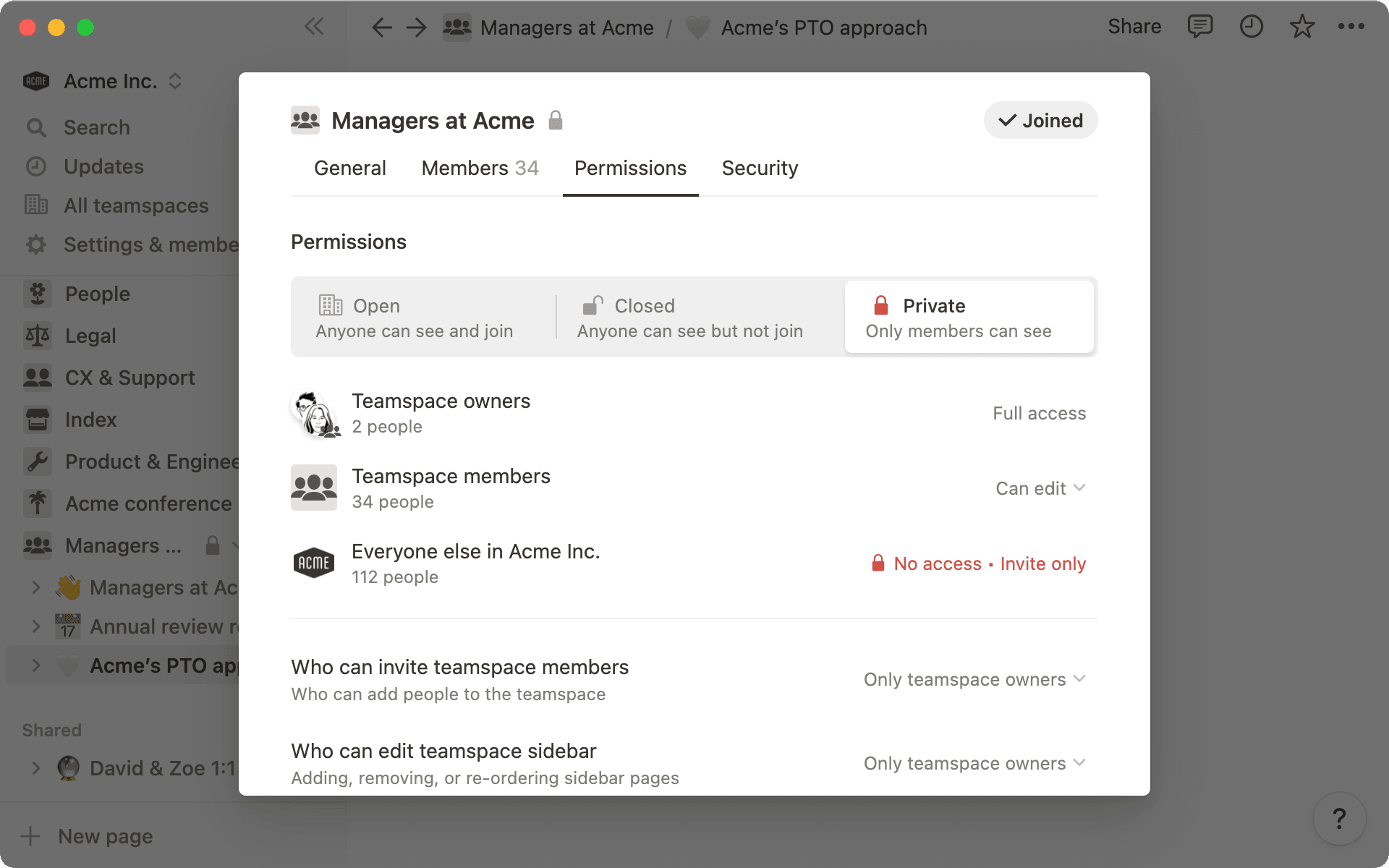 Create custom permission settings to suit your needs â all pages in your teamspace will inherit these settings.
