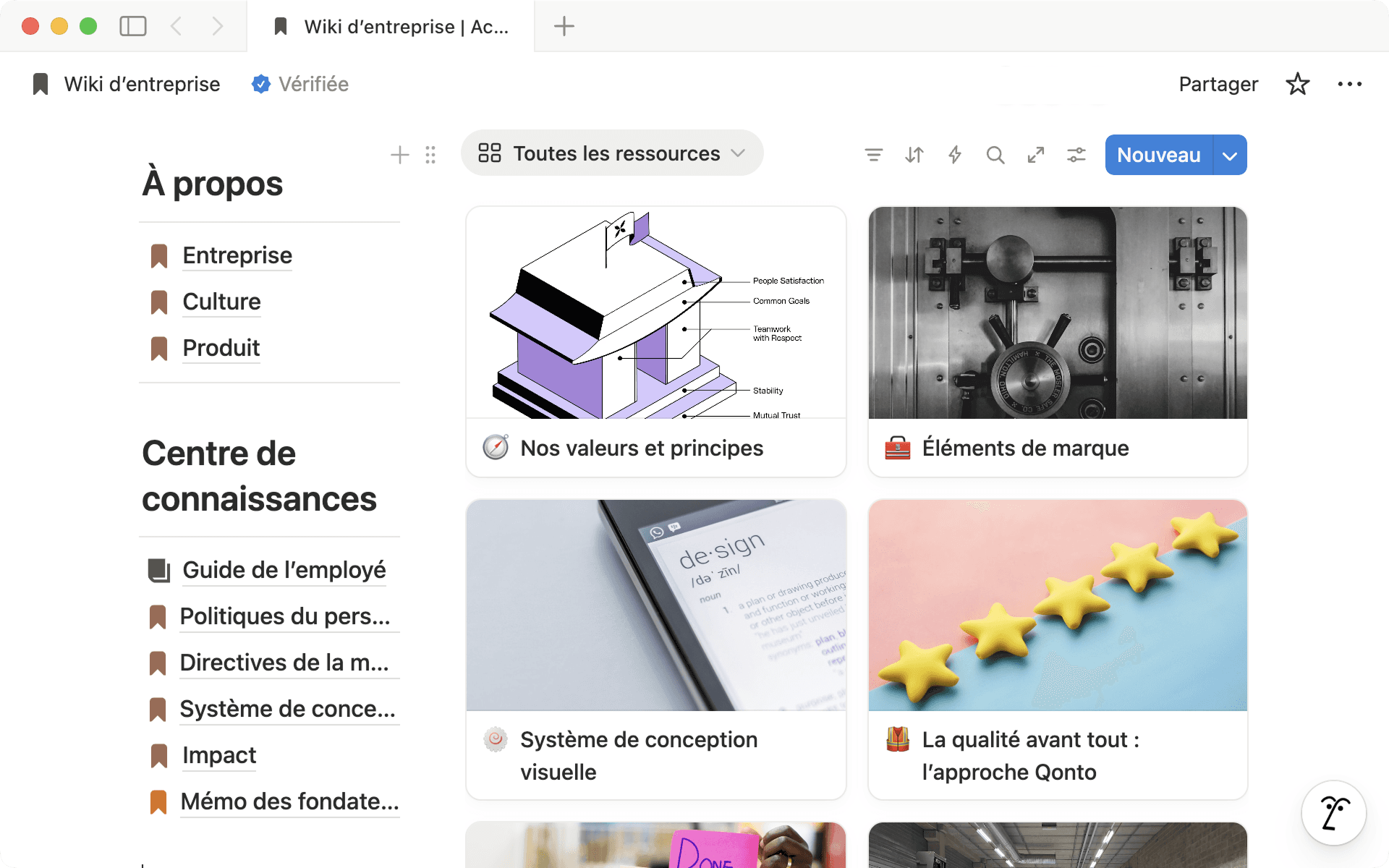 Qonto tient Ă jour un wiki dâentreprise complet comme celui-ci, qui regroupe toute la documentation essentielle dans une base de donnĂ©es commune, centralisĂ©e et organisĂ©e.