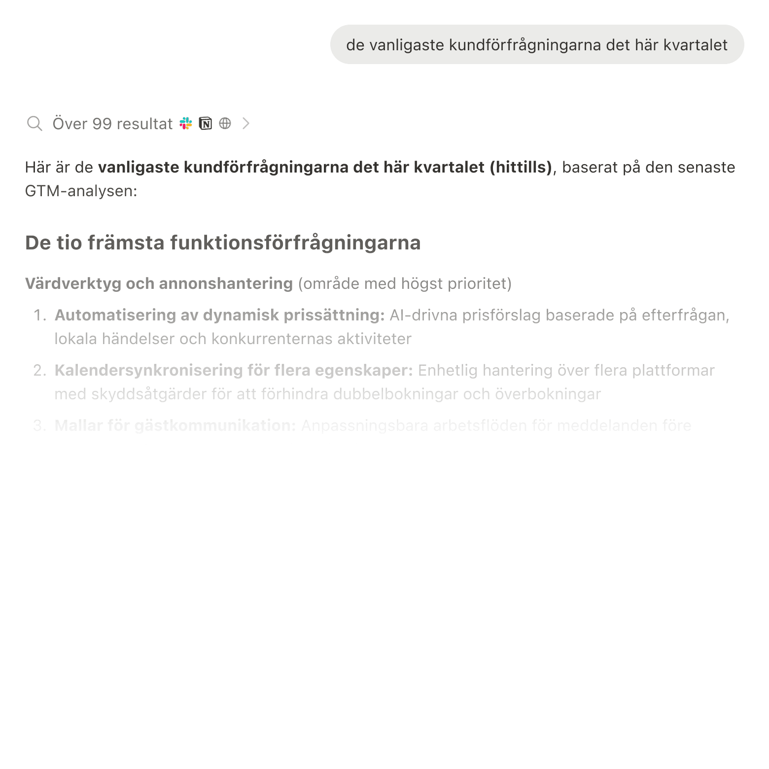 Sökresultat som visar information frÄn Slack, Google Drive och Jira