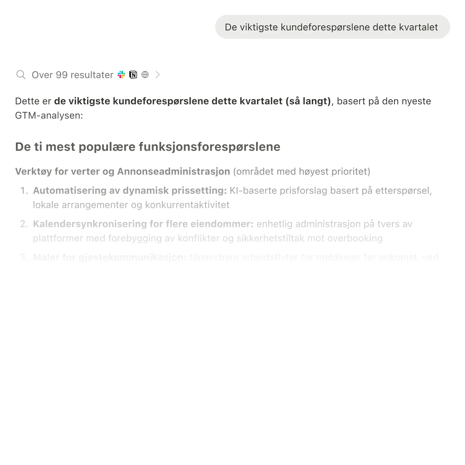 Søkeresultater som viser informasjon fra Slack, Google Drive og Jira