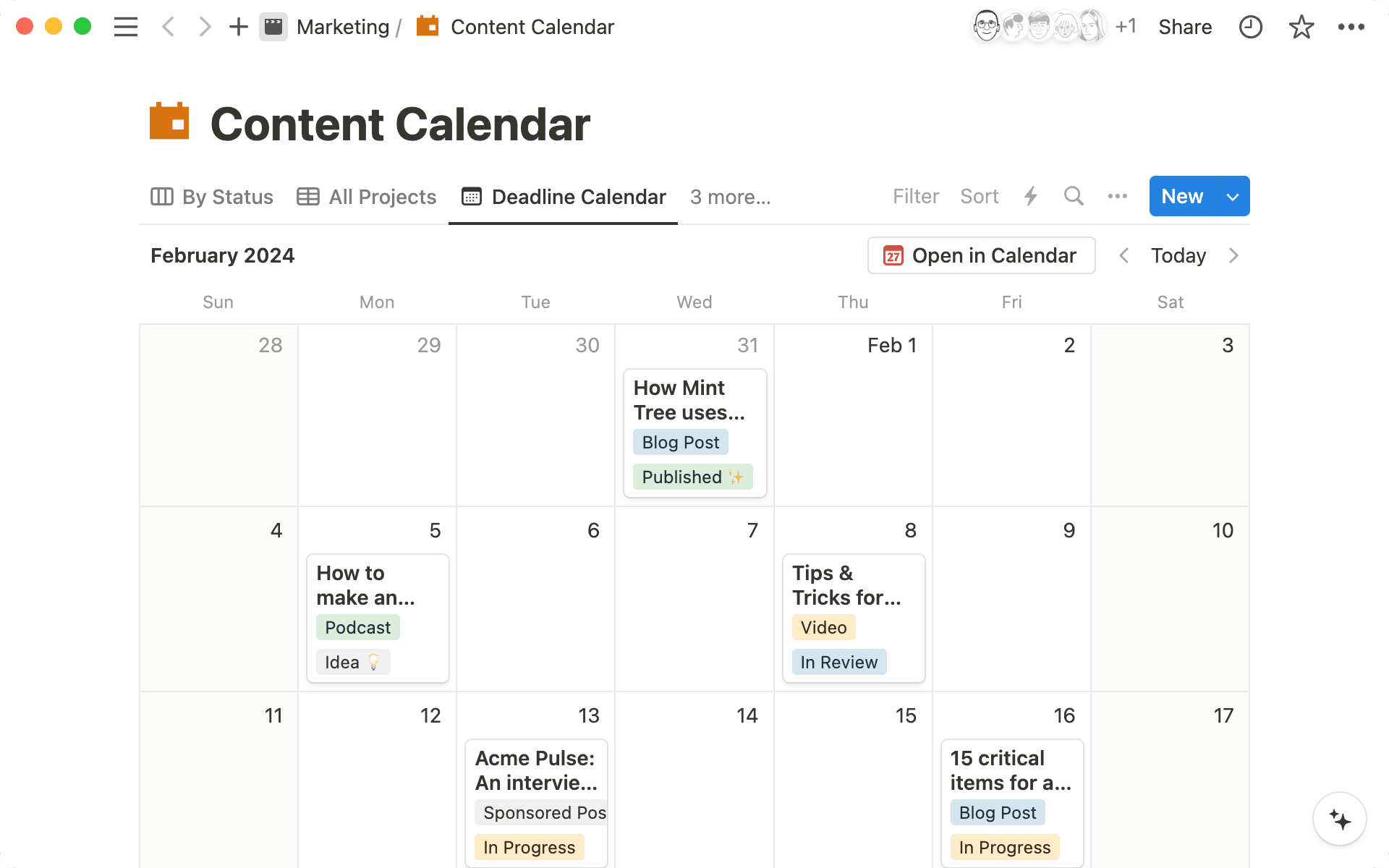 Create a content calendar in a Notion database and use different database views to track information. Hereâs a calendar view of whatâs published and whatâs upcoming.