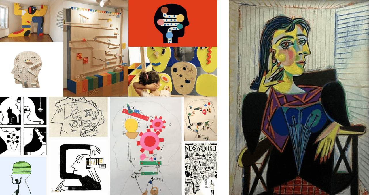 Left: We wanted to show thinking and knowledgeâyour brain hard at work. Right: Portrait of Dora Maar by Pablo Picasso.
