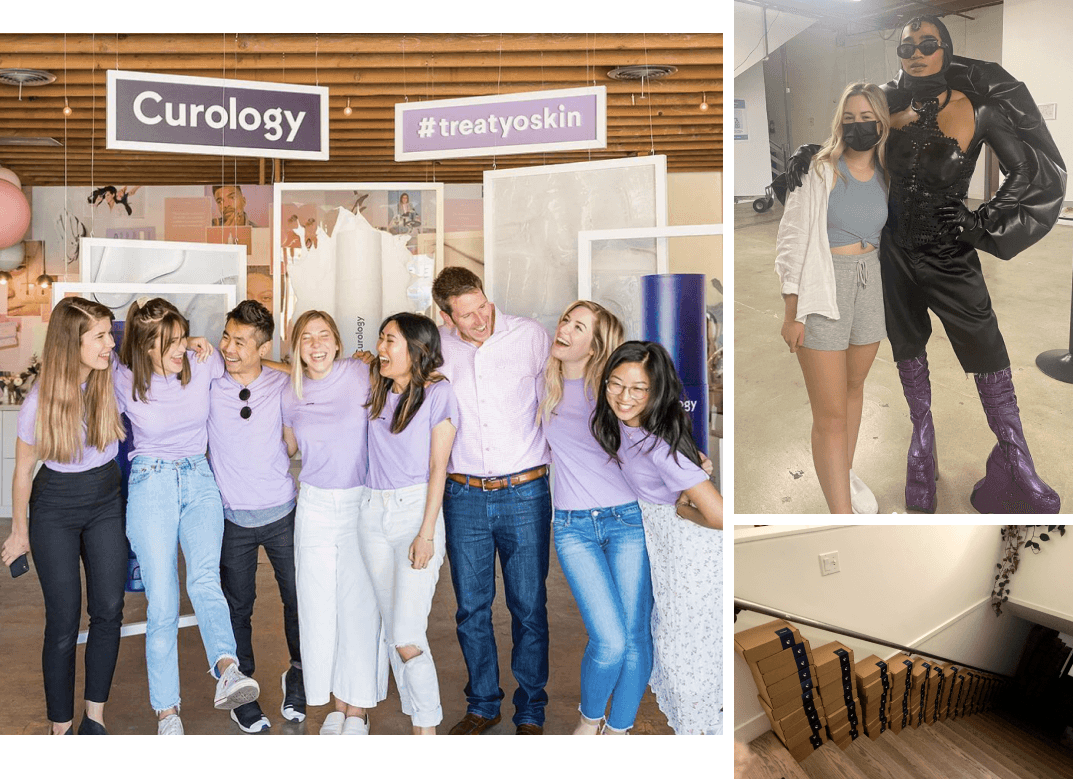 Clockwise from left: Lexie and the Curology team at their first-ever influencer event; Lexie with content start Bretman Rock; the early days of hand-packed influencer gift boxes at Curology.