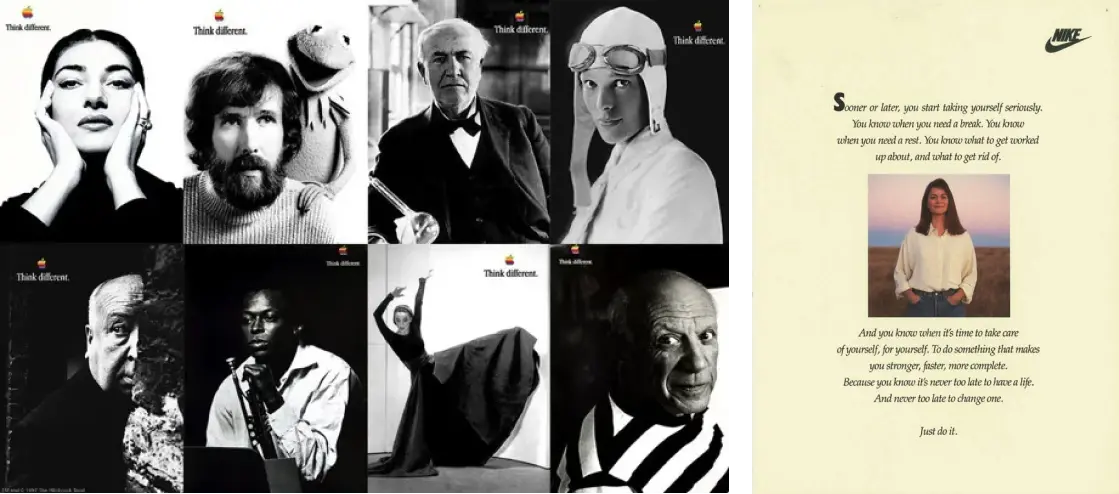 Left: Iterations of Appleâs âThink different.â campaign. Right: An original poster of Nikeâs âJust do it.â campaign.