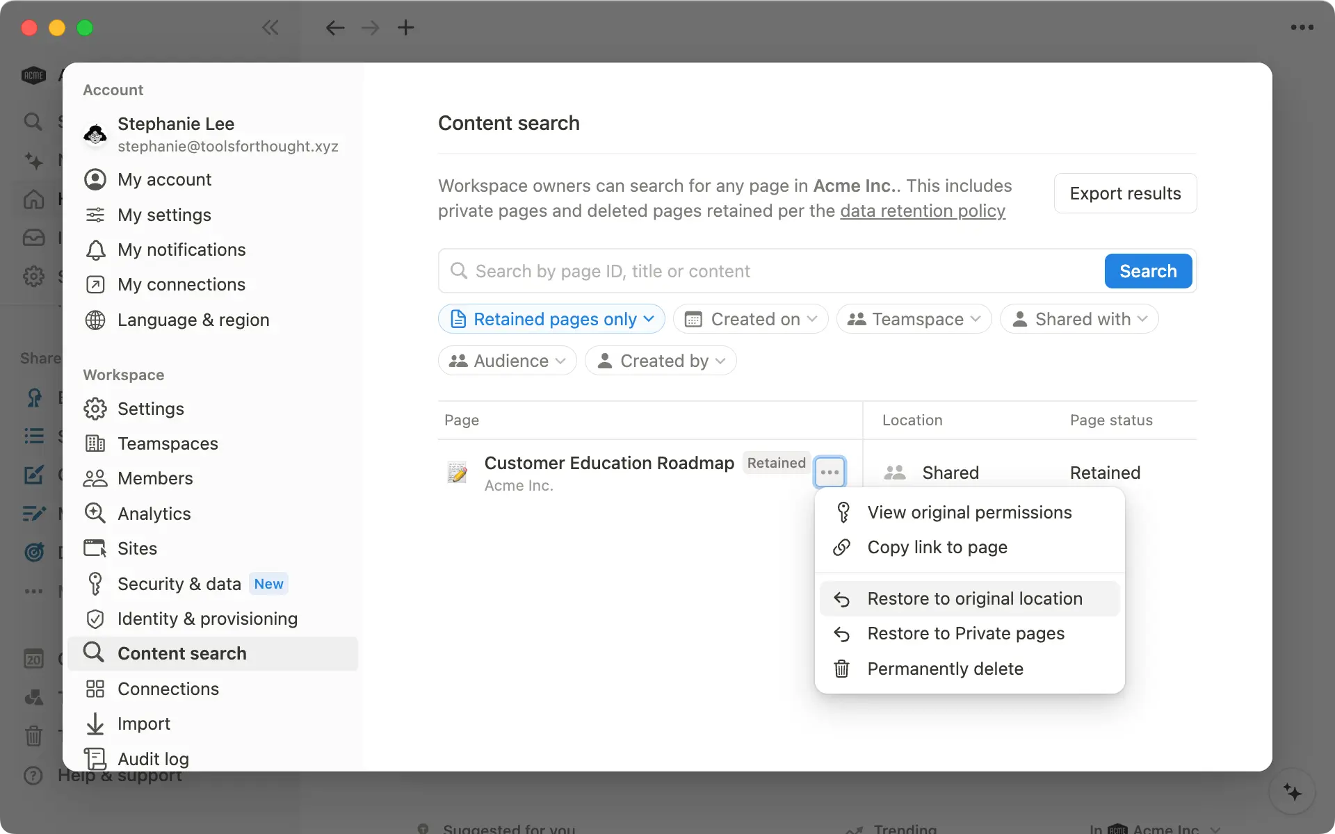 You can choose to restore deleted pages to their original location.