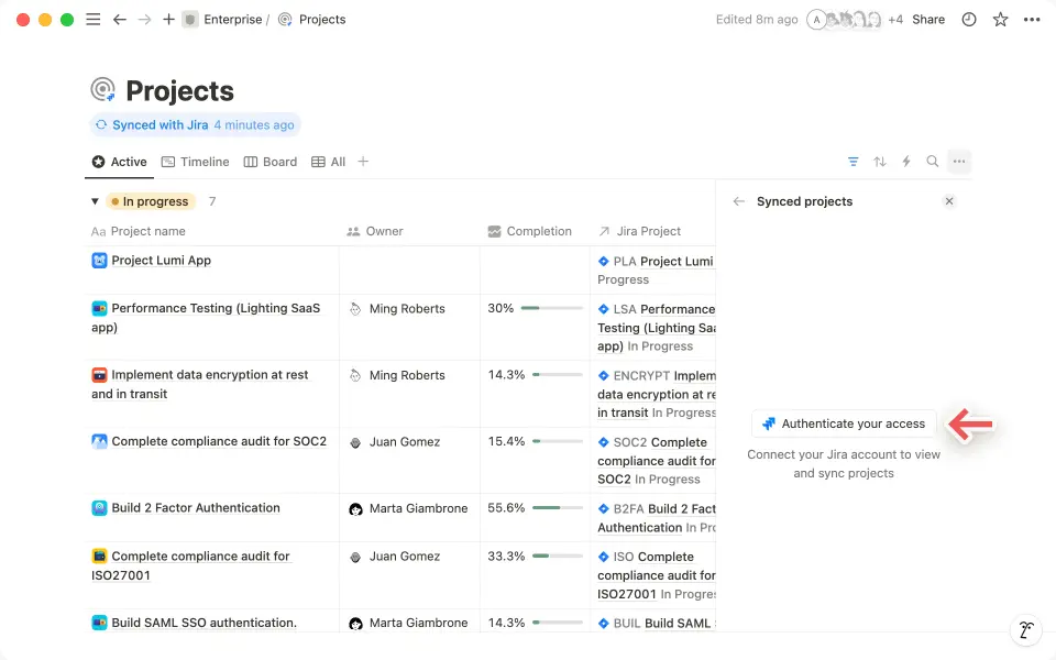 Click on āAuthenticate your accessā to verify your identity to bring over Jira projects to Notion