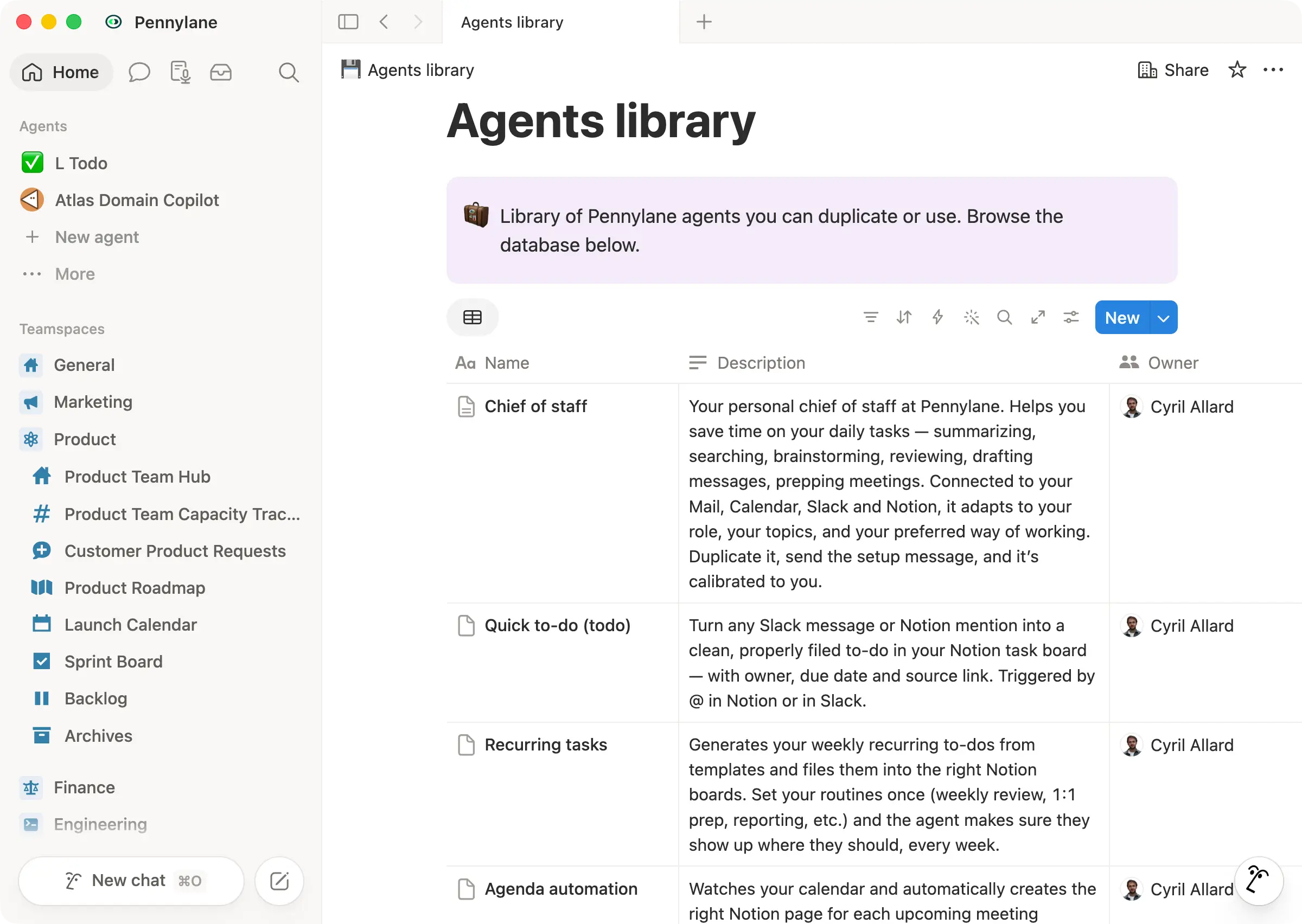 Pennylane's Agents library holds ready-to-duplicate Custom Agentsâlike Chief of Staff, Quick to-do, and Recurring tasksâso anyone can grab one that's already built instead of starting from scratch.