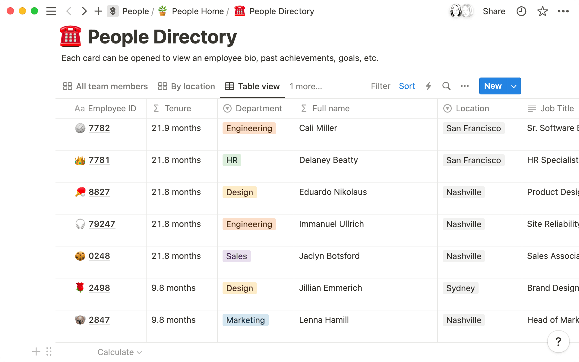 Use formulas to calculate employee tenure and names.