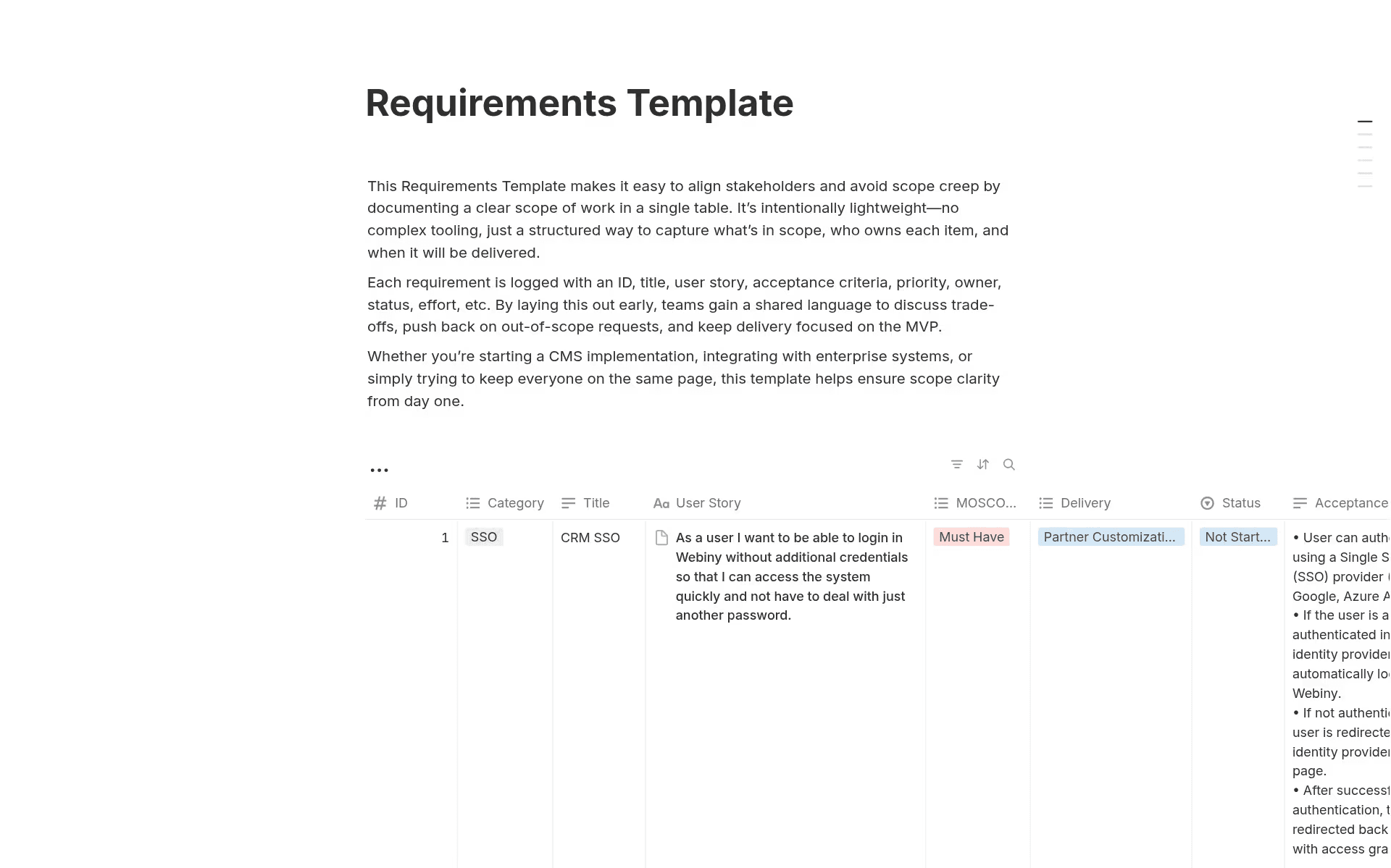 A requirements template in Notion that shows a table with columns for requirement ID, category, title, and more