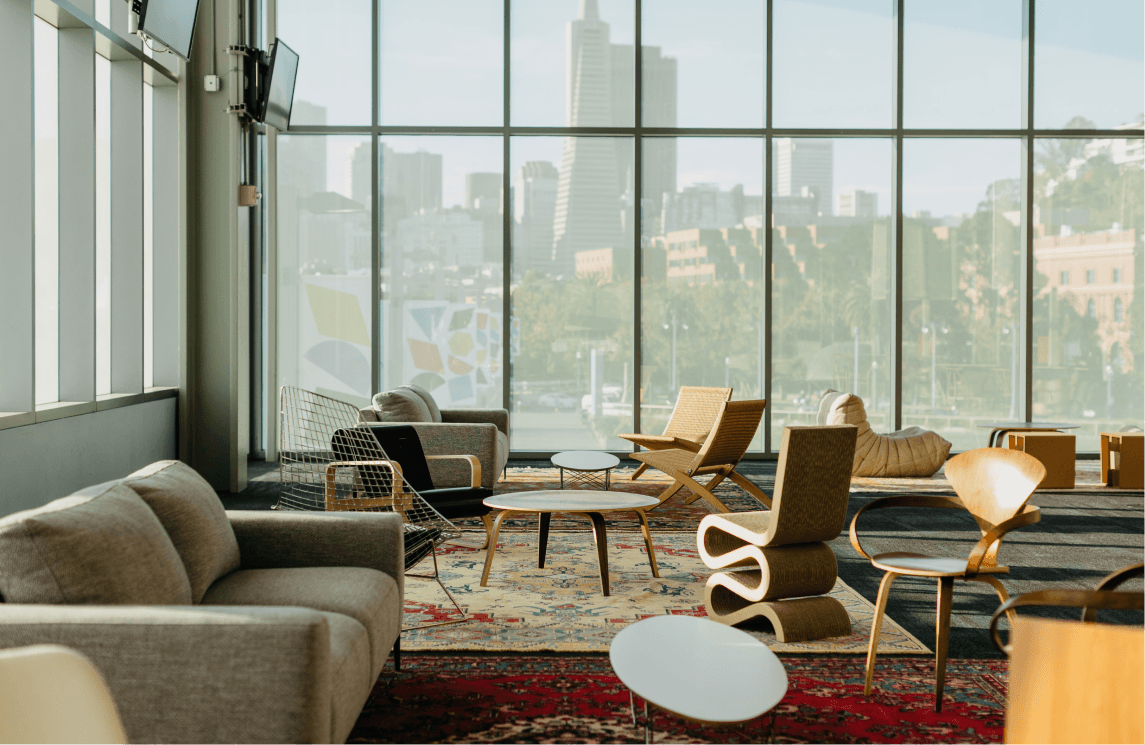 A few of our well-loved chairs, rugs, and couches from Notion HQ