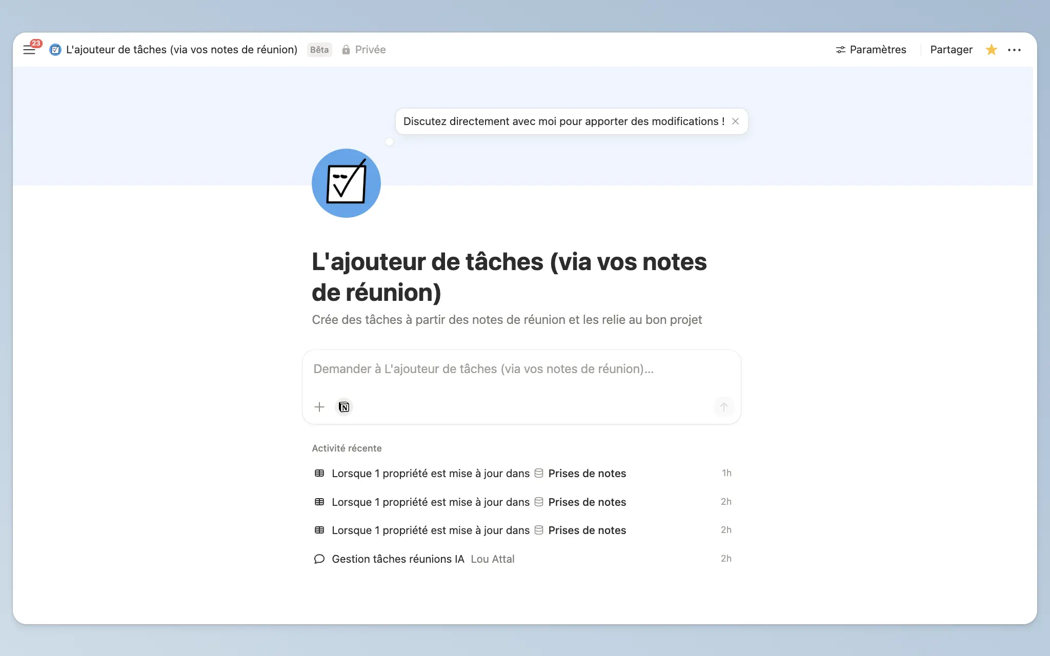 L'ajouteur de tùches (via vos notes de réunion)