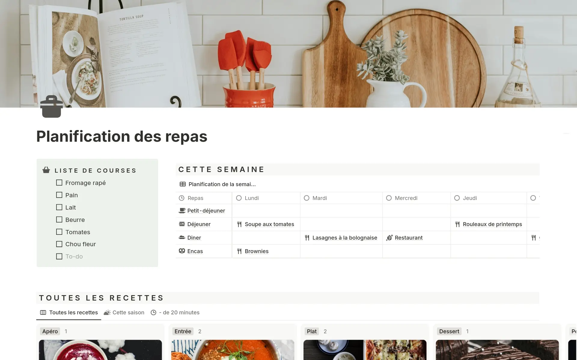 Capture dâĂ©cran de la collection Votre boĂźte Ă recettes par Notion