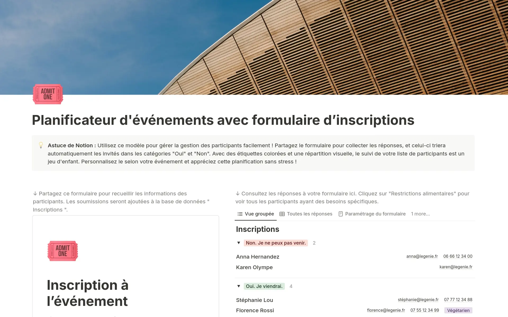 Aperçu du modÚle de Gestion des inscriptions à un événement