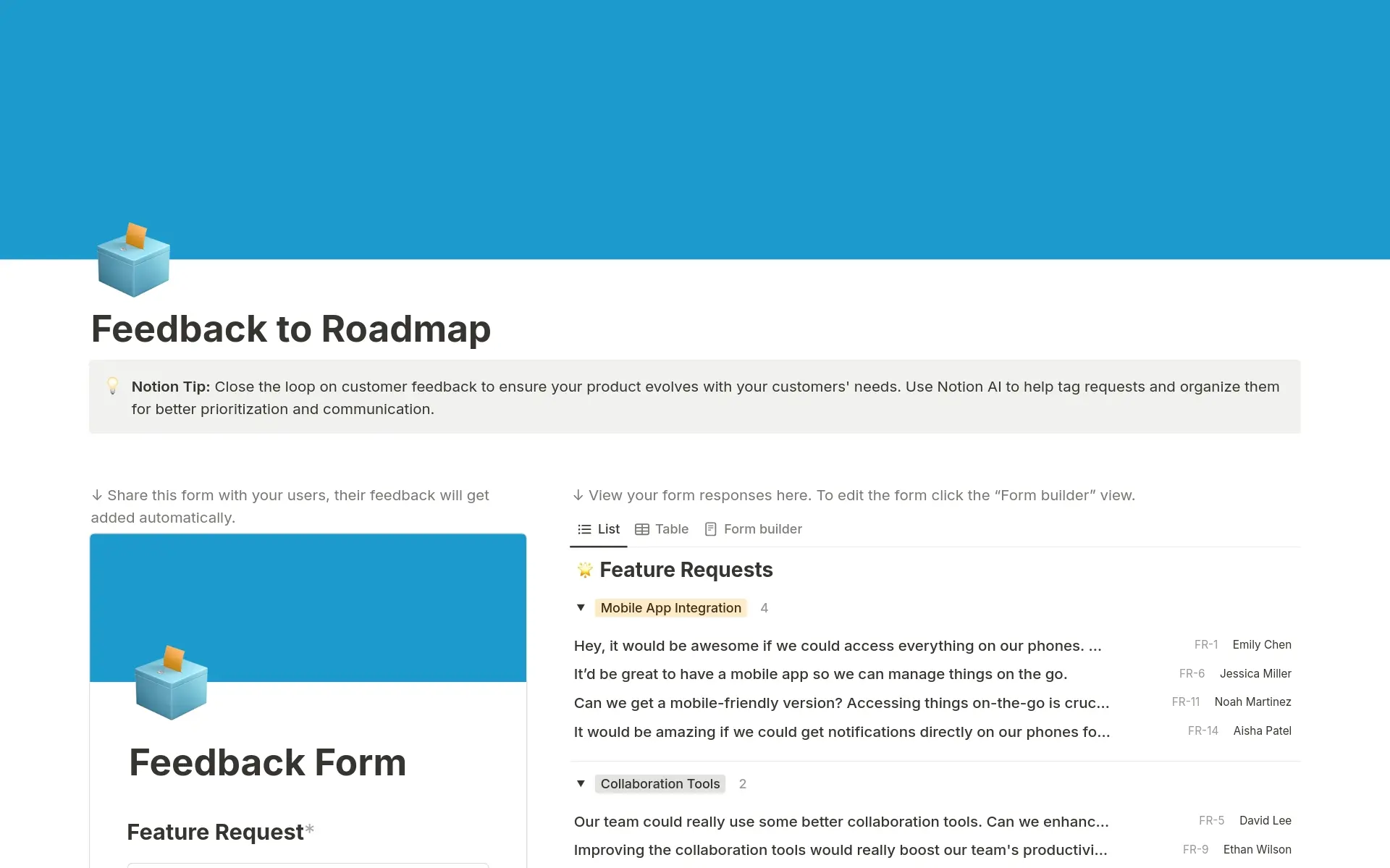A template preview for Feedback to Roadmap