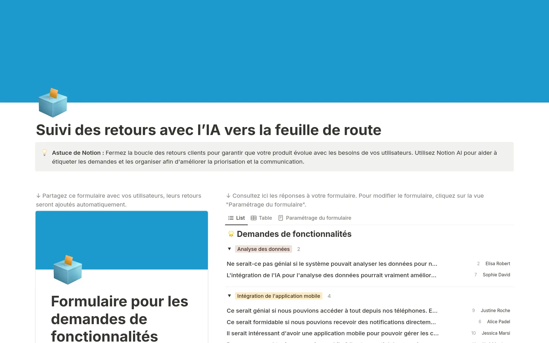 Aperçu du modĂšle de Du suivi des retours jusquâĂ la feuille de route produit